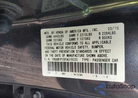 2015 Acura Tlx из США, поврежденный, VIN 19UUB1F35FA019330